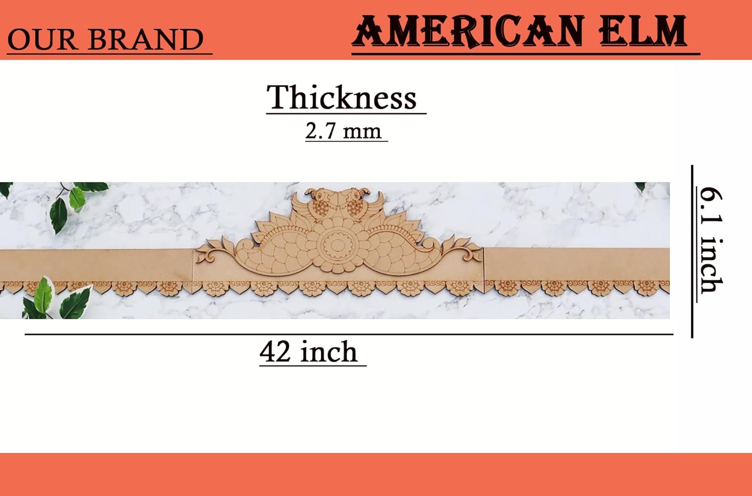 Decorative wood strip with measurements on a white background, branded 'American Elm'.