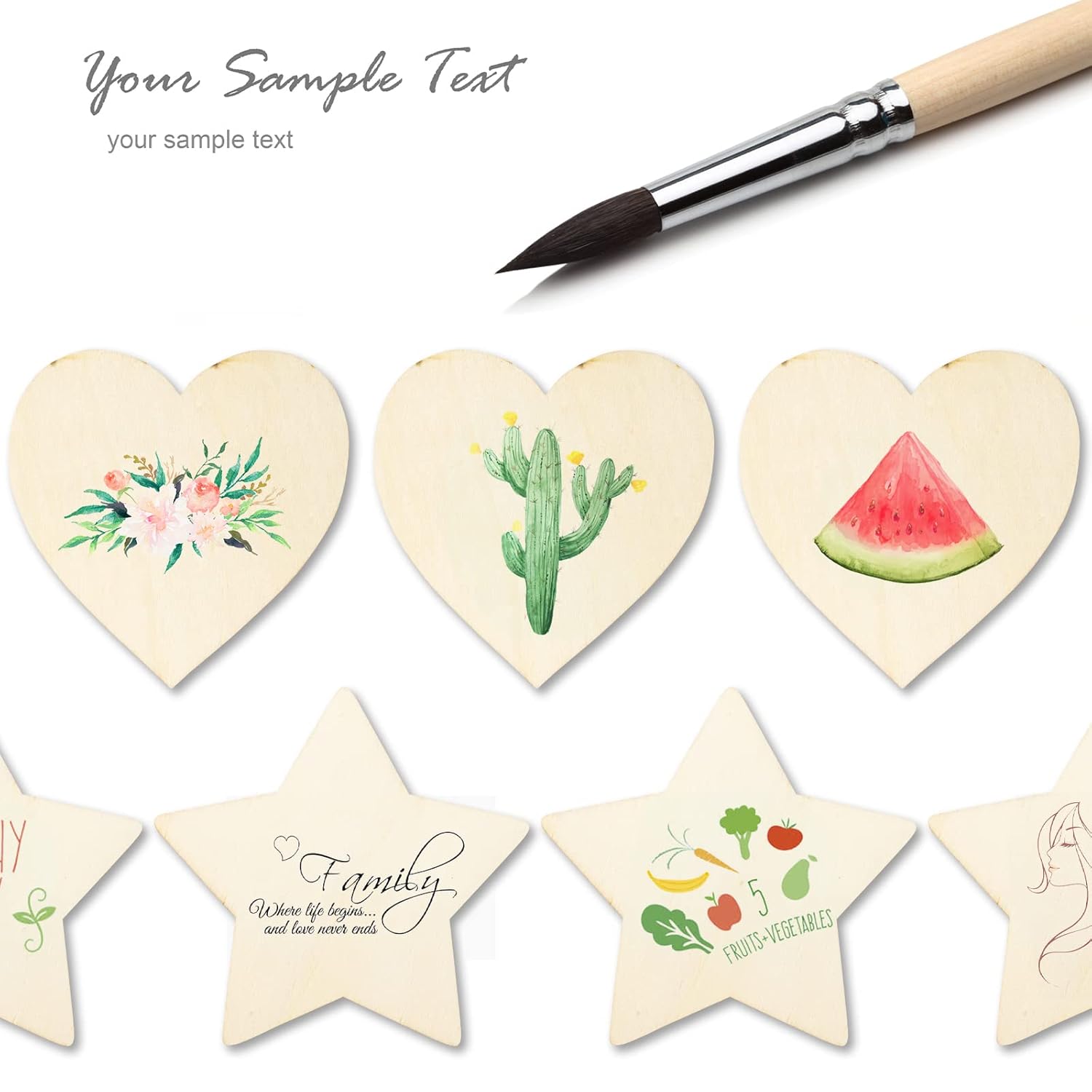 Decorative wooden hearts and stars with illustrations and text on a white background.
