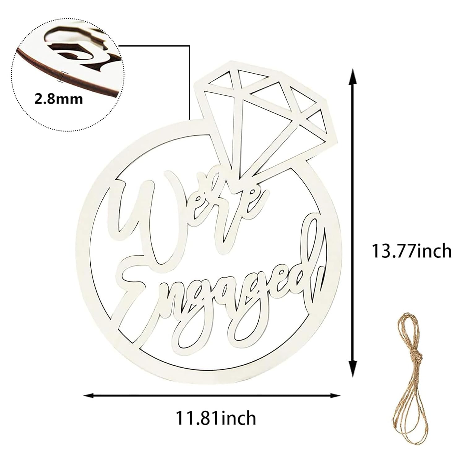 Wooden 'We're Engaged' sign with dimensions and a string for hanging on a white background.