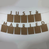 Decorative banner with 'Just Married' text on a white background