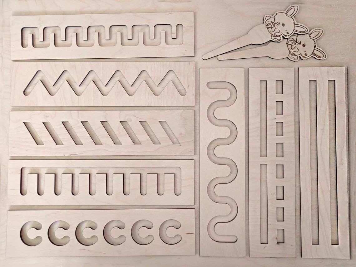 Wooden puzzle with various geometric shapes and patterns on a beige background