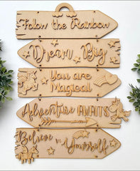 Wooden sign with motivational phrases on a white background