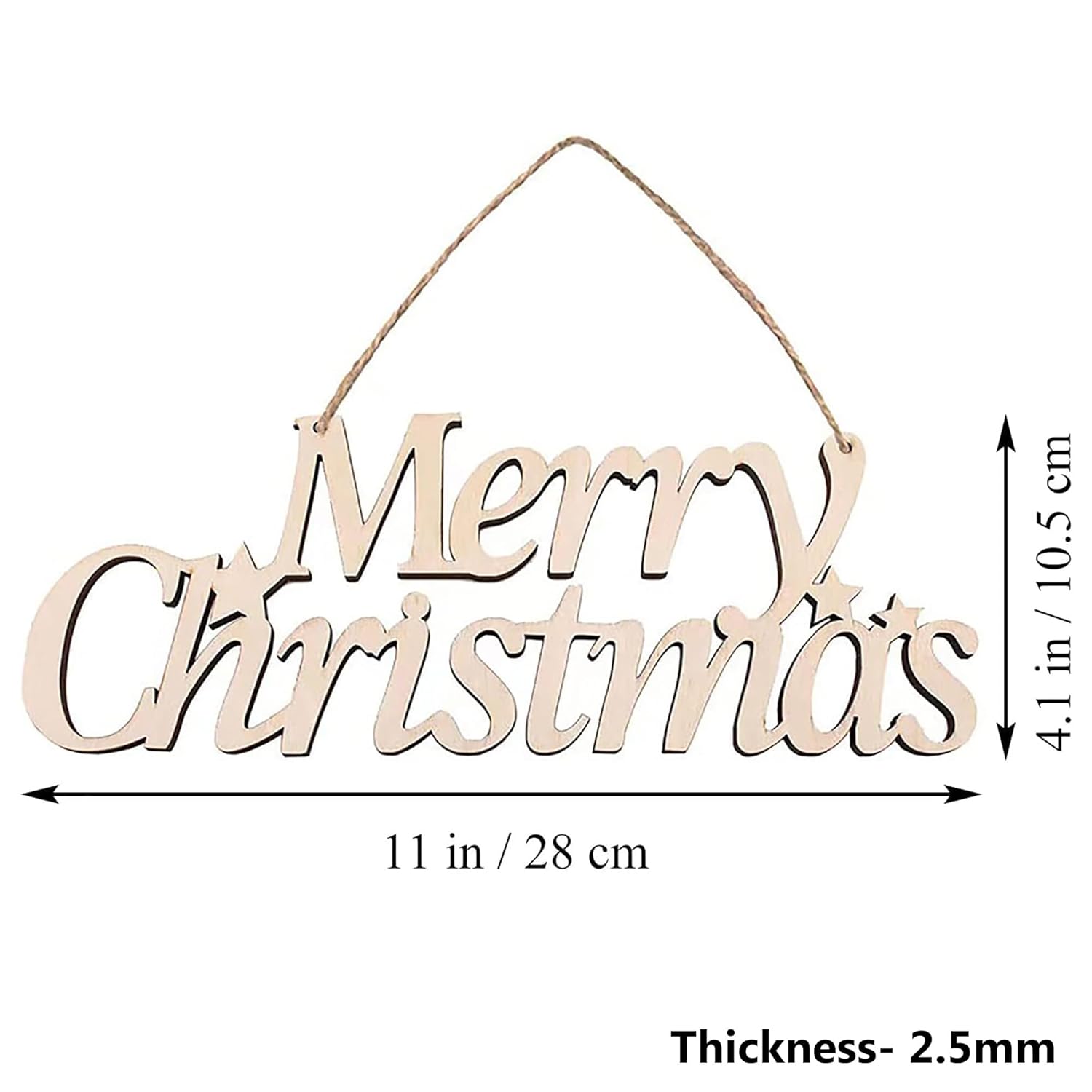 Wooden 'Merry Christmas' sign with measurements on a white background