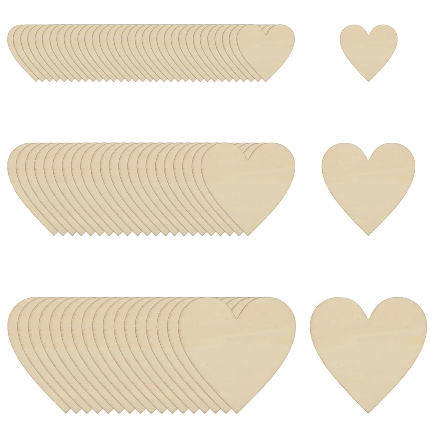 Beige heart-shaped wooden cutouts of various sizes on a white background