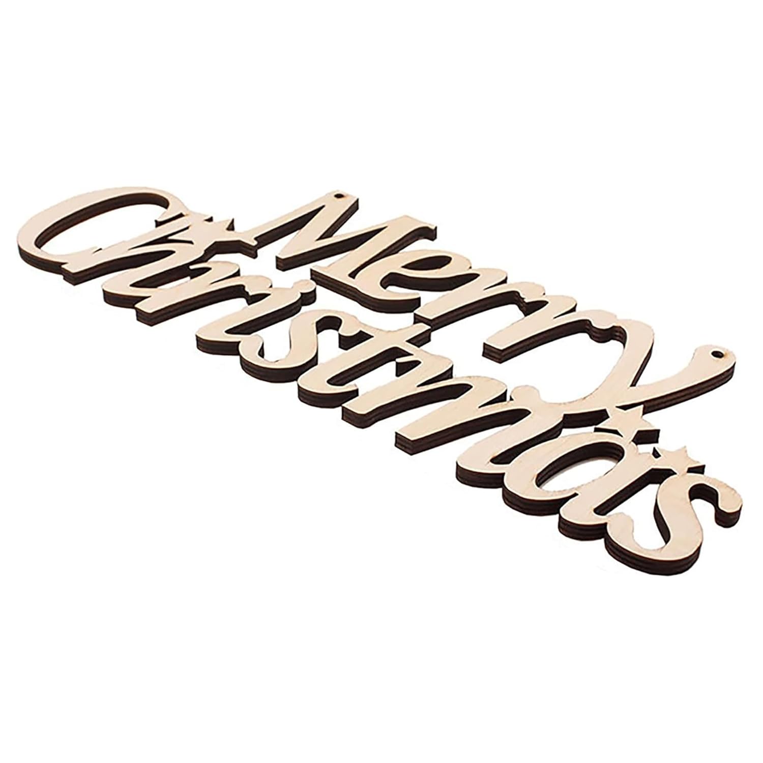 Wooden cutout letters spelling 'Merry Christmas' on a white background