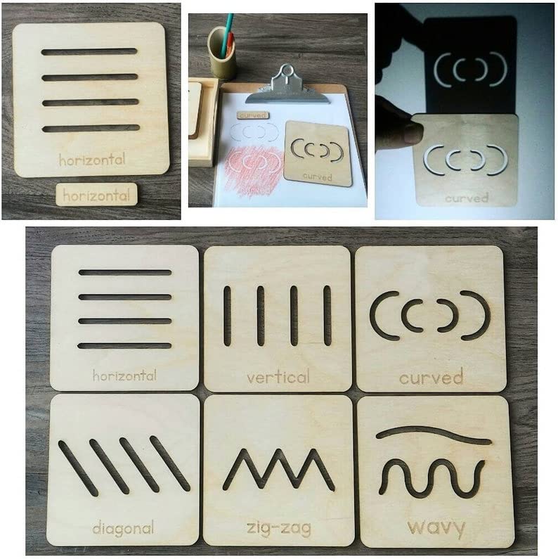 Collage of wooden stencils with different line patterns and labels on a wooden surface.