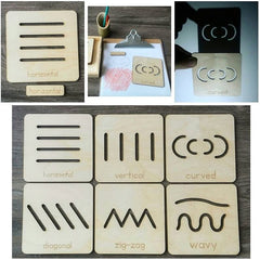 Collage of wooden stencils with different line patterns and labels on a wooden surface.