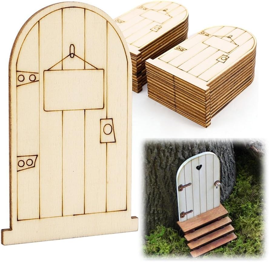 Wooden fairy door kit with additional doors and steps on a white background.