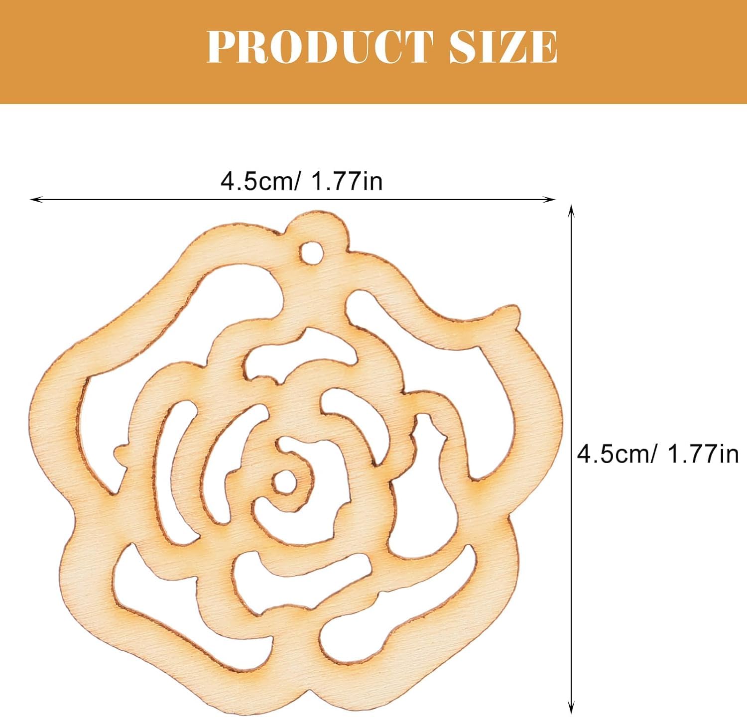 Wooden rose-shaped ornament with measurement details on a white background