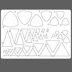 Set of geometric templates with various shapes and measurements on a gray background