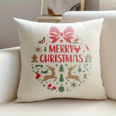 Decorative pillow with 'Merry Christmas' text and festive designs on a beige couch.