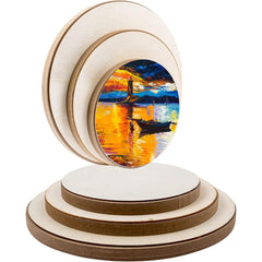 Set of round wooden coasters with a scenic design on a white background