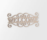 Decorative wooden 'welcome' sign on a white background