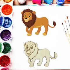 Colorful paint containers and wooden lion toys on a white background