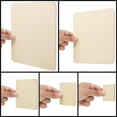 Collage of a hand holding a beige square object against a white background