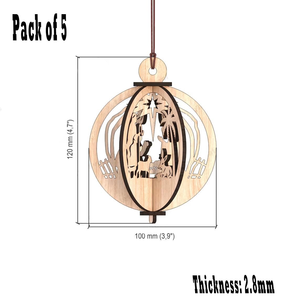 Wooden hanging ornament with nativity scene design, dimensions, and thickness displayed.