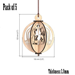 Wooden hanging ornament with nativity scene design, dimensions, and thickness displayed.