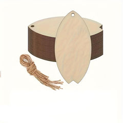 Wooden leaf-shaped cutouts with twine on a white background