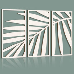 Three white abstract leaf-patterned panels on a gray background