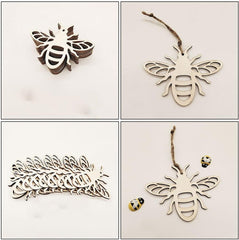 Collage of wooden bee-shaped decorations on a white background