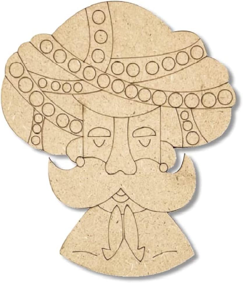 Wooden cutout of a face with decorative headpiece on a white background
