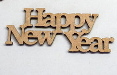 Wooden 'Happy New Year' decoration on a white background