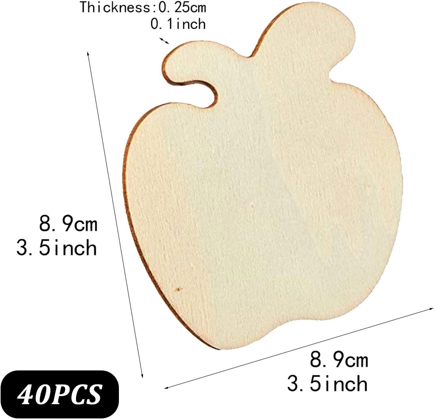 Wooden apple-shaped cutout with measurements on a white background