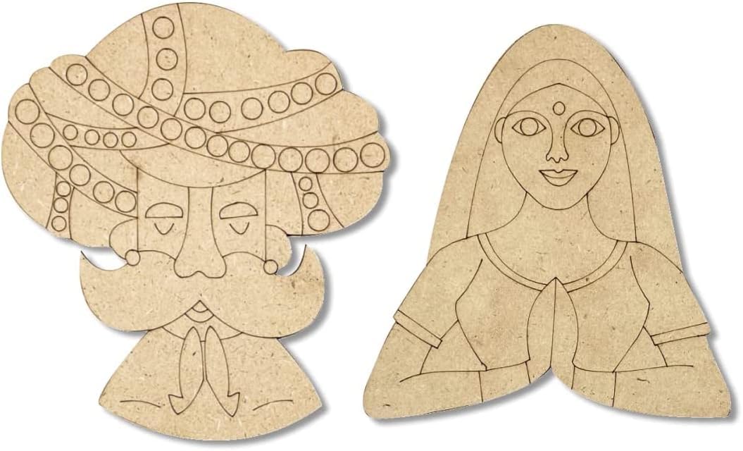 Two cardboard cutouts of a man and a woman with decorative patterns on a white background.