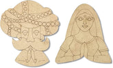 Two cardboard cutouts of a man and a woman with decorative patterns on a white background.