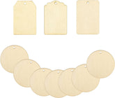 Set of wooden tags including both round and rectangular shapes on a white background
