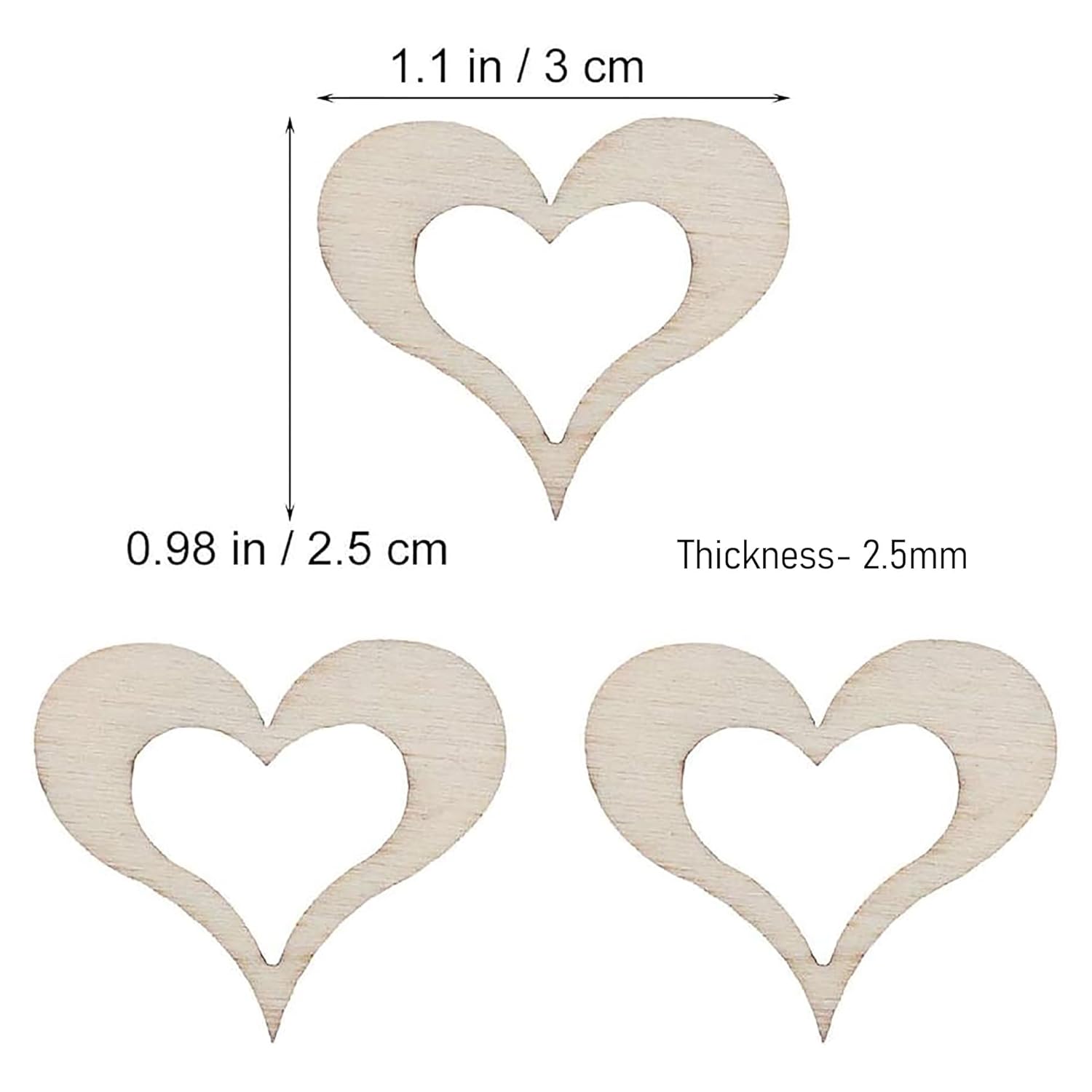 Three heart-shaped wooden cutouts with measurements on a white background