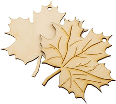 Two wooden leaf-shaped ornaments on a white background