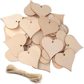 Wooden heart-shaped tags with a string on a white background