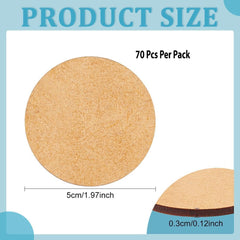 Circular product with dimensions and '70 Pcs Per Pack' text on a blue background