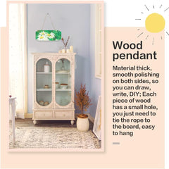 Wooden cabinet in a room with a wood pendant and text about its features.