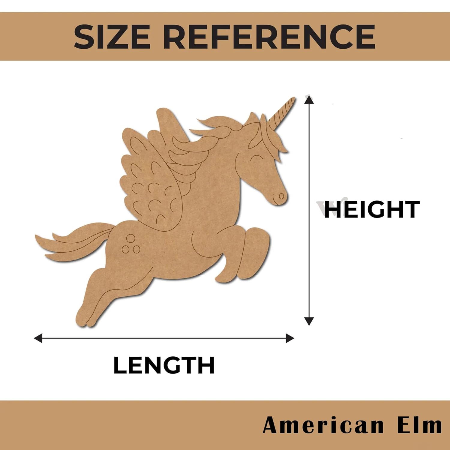 Unicorn-shaped object with measurements labeled on a beige background
