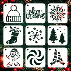 Set of Christmas-themed stencils on a festive background with trees and berries.