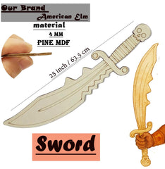 American Elm 1 Pcs Wooden Dummy Sword Cutout for Kids DIY Craft 25 Inch Pirate Sword with Skull Handle Fancy Dress School Project.