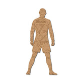 Cardboard cutout of a soccer player in a uniform with 'Ronaldo' and number '7' on a white background