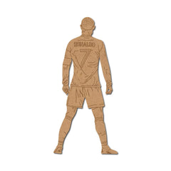 Cardboard cutout of a soccer player in a uniform with 'Ronaldo' and number '7' on a white background
