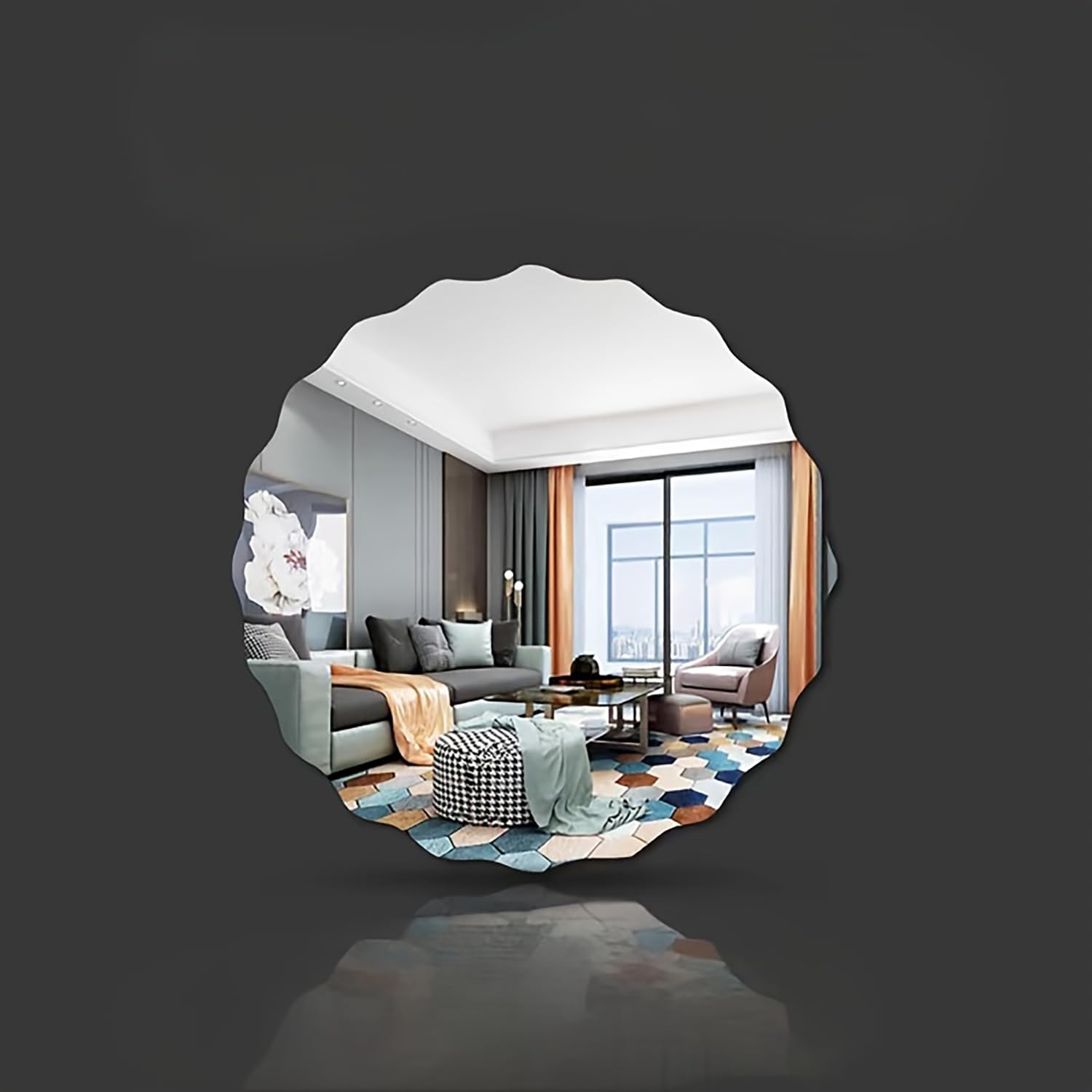 Decorative wall mirror showing a modern living room.