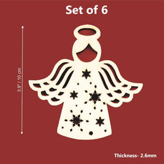 White angel-shaped ornament with black details on a red background, labeled 'Set of 6' and 'Thickness- 2.6mm'.