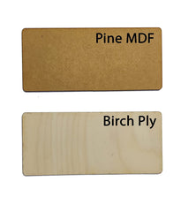 Two wooden boards labeled 'Pine MDF' and 'Birch Ply' on a white background