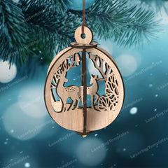 Wooden Christmas ornament with reindeer design on a snowy background