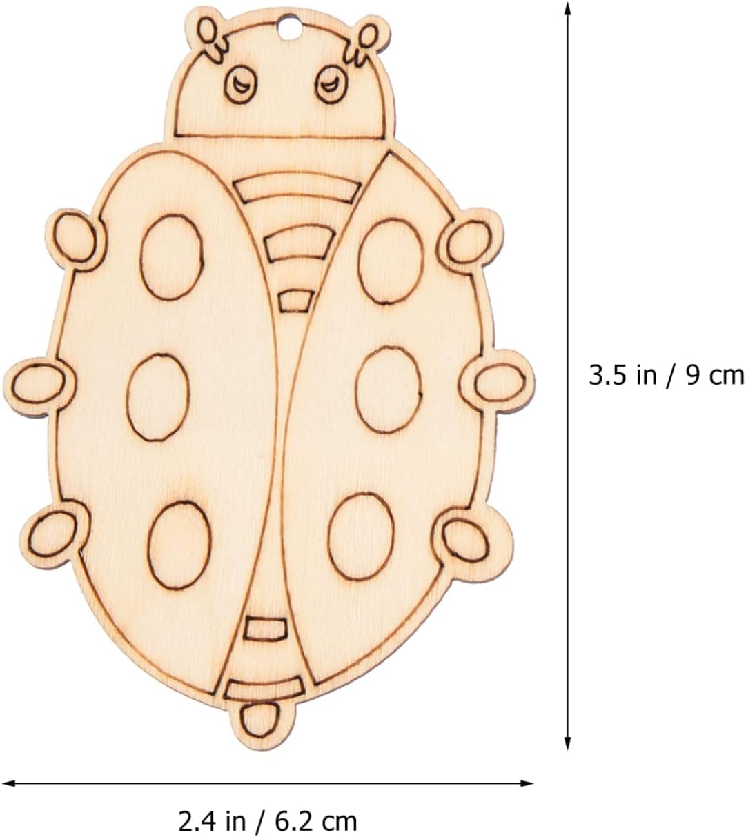 Wooden ladybug ornament with measurements on a white background