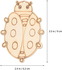 Wooden ladybug ornament with measurements on a white background