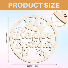Wooden 'Happy Birthday' decoration with measurements on a light blue background