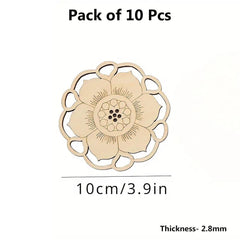 Wooden flower-shaped cutout with measurements on a white background