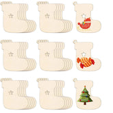 Set of wooden Christmas stockings with decorative designs on a white background