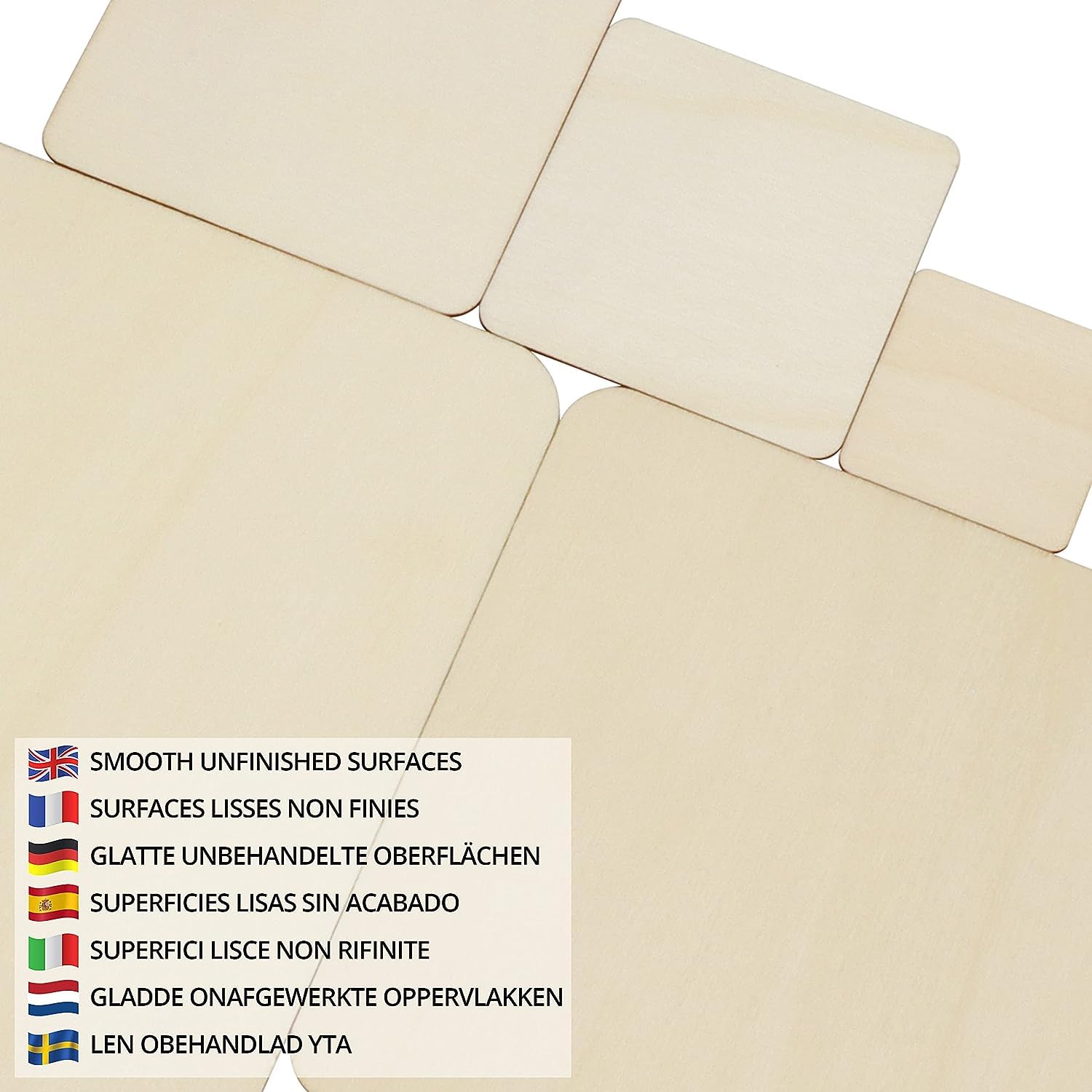 Beige square tiles with text indicating 'smooth unfinished surfaces' in multiple languages on a white background.